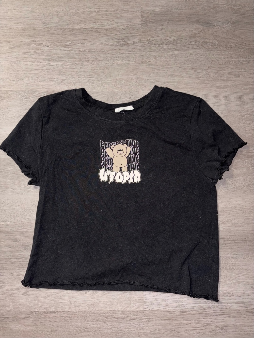 Ardene Black Crop Top with Bear Graphic